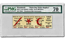 Load image into Gallery viewer, 2019 Cook Islands 1 Dollar 5 gram Silver Woodstock 1969 Ticket Note PMG 70