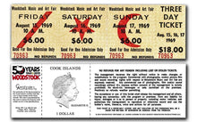 Load image into Gallery viewer, 2019 Cook Islands 1 Dollar 5 gram Silver Woodstock 1969 Ticket Note PMG 70