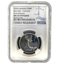 Load image into Gallery viewer, 2024 Republic of Cameroon 1/2 oz Northern Lights Red Deer Antique Silver Coin NGC MS70