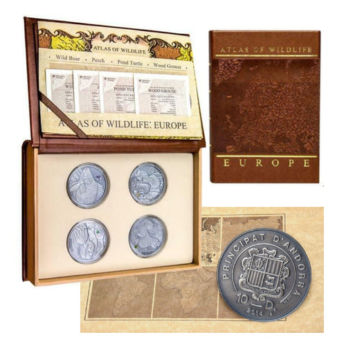 2014 Andorra Atlas of Wildlife Antique Finish Silver Coin Set (All 4 Coins, Map, COAs) - Zion Metals