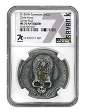 Load image into Gallery viewer, 2018 Cameroon 1 oz Silver Carved Skull Clade Mortis Bones NGC MS70 | Zion Metals