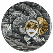 Load image into Gallery viewer, 2019 Niue 2 oz Antique Silver VENETIAN MASK CARNIVAL OF VENICE Ultra High Relief | Zion Metals