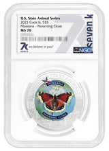 Load image into Gallery viewer, 2021 COOK ISLANDS MONTANA MOURNING CLOAK Butterfly NGC MS70 AMERICAN STATE ANIMALS 1 OZ SILVER COIN | Zion Metals
