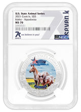 Load image into Gallery viewer, 2021 COOK ISLANDS IDAHO APPALOOSA Horse NGC MS70 AMERICAN STATE ANIMALS 1 OZ SILVER COIN | Zion Metals