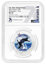 Load image into Gallery viewer, 2021 COOK ISLANDS WASHINGTON ORCA WHALE NGC MS70 AMERICAN STATE ANIMALS 1 OZ SILVER COIN | Zion Metals