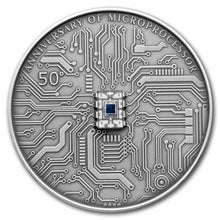 Load image into Gallery viewer, 2021 Niue 2 oz Silver Antique Microchip 50th Anniversary Coin | Zion Metals