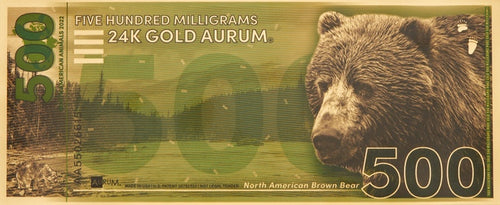 2022 500mg 999 Fine Gold North American Brown Bear Aurum 24K 1/2 Gram Note - Zion Metals