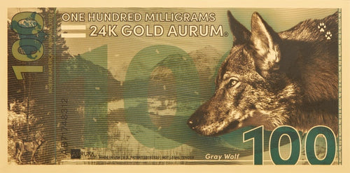 2022 100mg 999 Fine Gold North American Gray Wolf Aurum 24K 1/10 Gram Note - Zion Metals