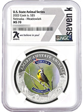 Load image into Gallery viewer, 2022 COOK ISLANDS NEBRASKA MEADOWLARK NGC MS70 AMERICAN STATE ANIMALS 1 OZ SILVER COIN | Zion Metals