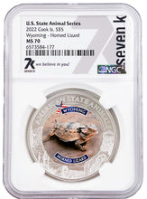 Load image into Gallery viewer, 2022 COOK ISLANDS WYOMING LIZARD NGC MS70 AMERICAN STATE ANIMALS 1 OZ SILVER COIN | Zion Metals