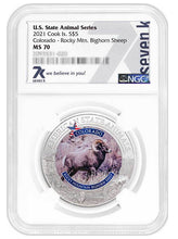 Load image into Gallery viewer, 2021 COOK ISLANDS COLORADO BIGHORN SHEEP NGC MS70 AMERICAN STATE ANIMALS 1 OZ SILVER COIN | Zion Metals