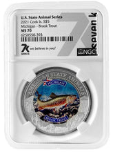 Load image into Gallery viewer, 2021 COOK ISLANDS MICHIGAN BROOK TROUT NGC MS70 AMERICAN STATE ANIMALS 1 OZ SILVER COIN | Zion Metals