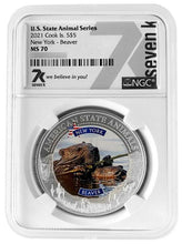Load image into Gallery viewer, 2021 COOK ISLANDS NEW YORK BEAVER NGC MS70 AMERICAN STATE ANIMALS 1 OZ SILVER COIN | Zion Metals