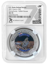 Load image into Gallery viewer, 2021 COOK ISLANDS PENNSYLVANIA RUFFED GROUSE NGC MS70 AMERICAN STATE ANIMALS 1 OZ SILVER COIN | Zion Metals