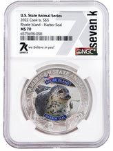 Load image into Gallery viewer, 2022 COOK ISLANDS RHODE ISLAND HARBOR SEAL NGC MS70 AMERICAN STATE ANIMALS 1 OZ SILVER COIN | Zion Metals