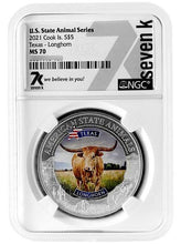 Load image into Gallery viewer, 2021 COOK ISLANDS TEXAS LONGHORN NGC MS70 AMERICAN STATE ANIMALS 1 OZ SILVER COIN | Zion Metals