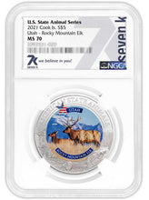 Load image into Gallery viewer, 2021 COOK ISLANDS UTAH ROCKY MOUNTAIN ELK NGC MS70 AMERICAN STATE ANIMALS 1 OZ SILVER COIN | Zion Metals