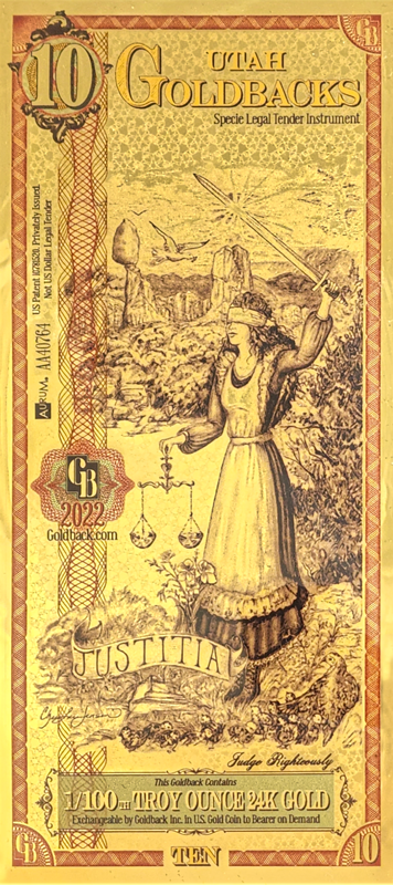 10 Utah Goldback (2022) - Aurum Gold Note (24k) | Zion Metals