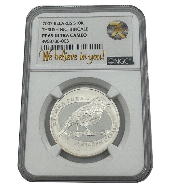 2007 Belarus Thrush Nightingale NGC PF69 Silver Coin