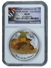 Load image into Gallery viewer, 2008 Australian Year of the Mouse Colorized NGC MS69 Silver Coin | Zion Metals
