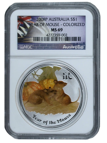 2008 Australian Year of the Mouse Colorized NGC MS69 Silver Coin | Zion Metals