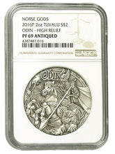 Load image into Gallery viewer, 2016 Tuvalu 2 oz Silver Norse Gods Odin NGC PF69 Antique Silver Coin | Zion Metals
