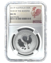 Load image into Gallery viewer, 2017 1/2 oz Australian Silver Lunar Year of the Rooster Coin BU (Series II) NGC MS70
