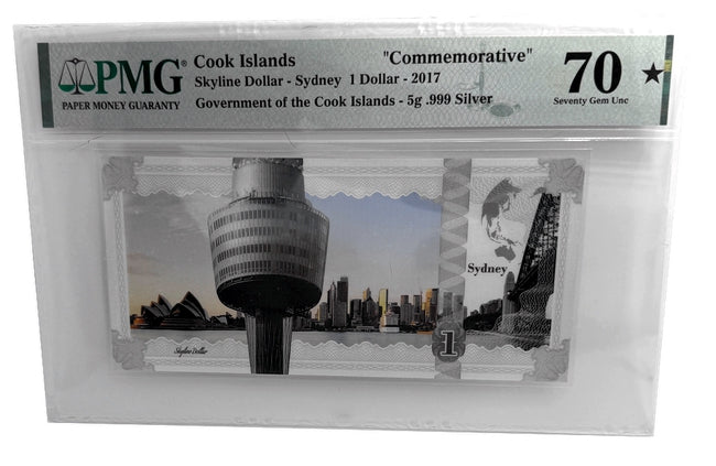 2017 Cook Islands 1 Dollar 5 gram Silver Sydney Skyline Dollar Note PMG 70