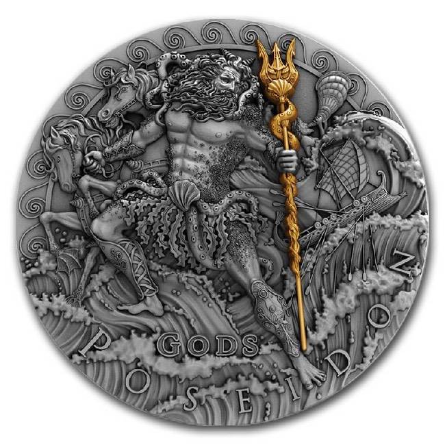 2018 Niue 2 oz Antique Silver POSEIDON GREEK GOD OF OCEANS Coin | Zion Metals