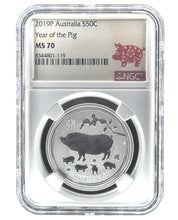 Load image into Gallery viewer, 2019 Australia Year of the Pig 1/2 oz Silver BU (Series II) NGC MS70
