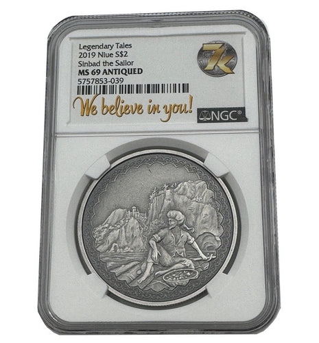 2019 1 oz Niue Silver Antiqued Legendary Tales Sinbad the Sailor NGC MS 69 | Zion Metals