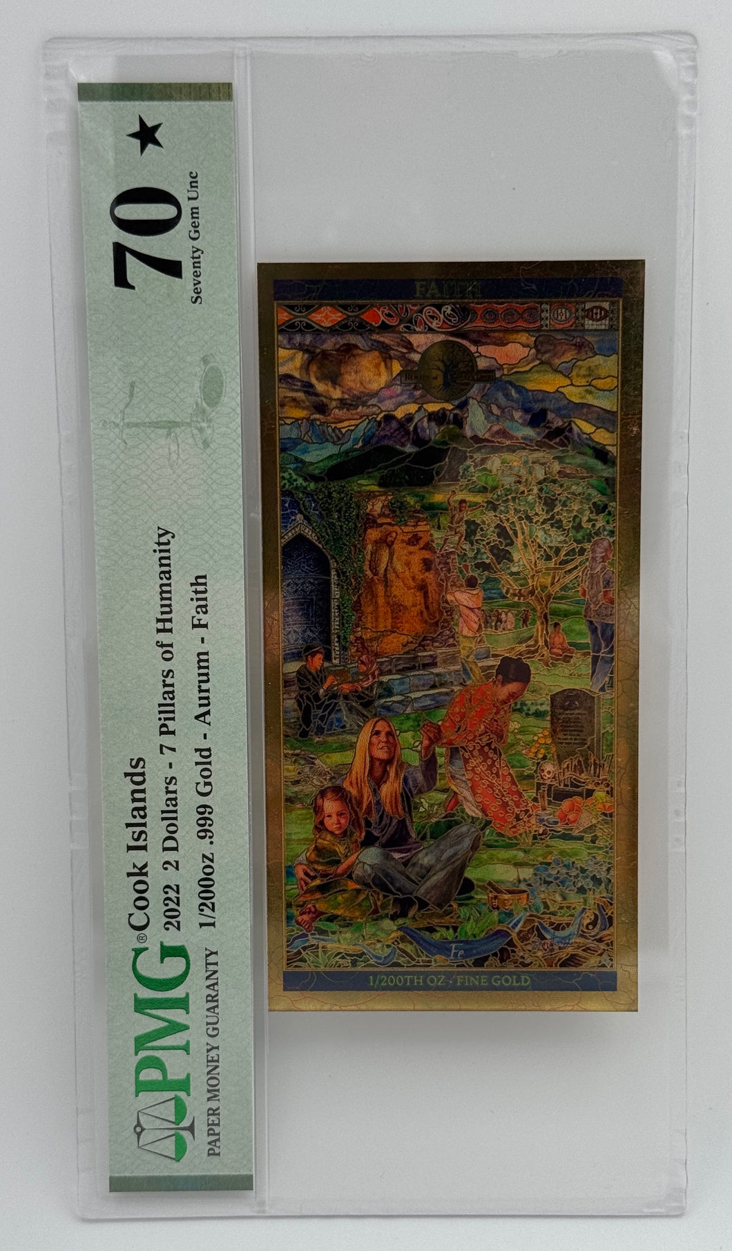 2022 Cook Islands FAITH Seven Pillars of Humanity Legal Tender 24K Gold Note PMG 70