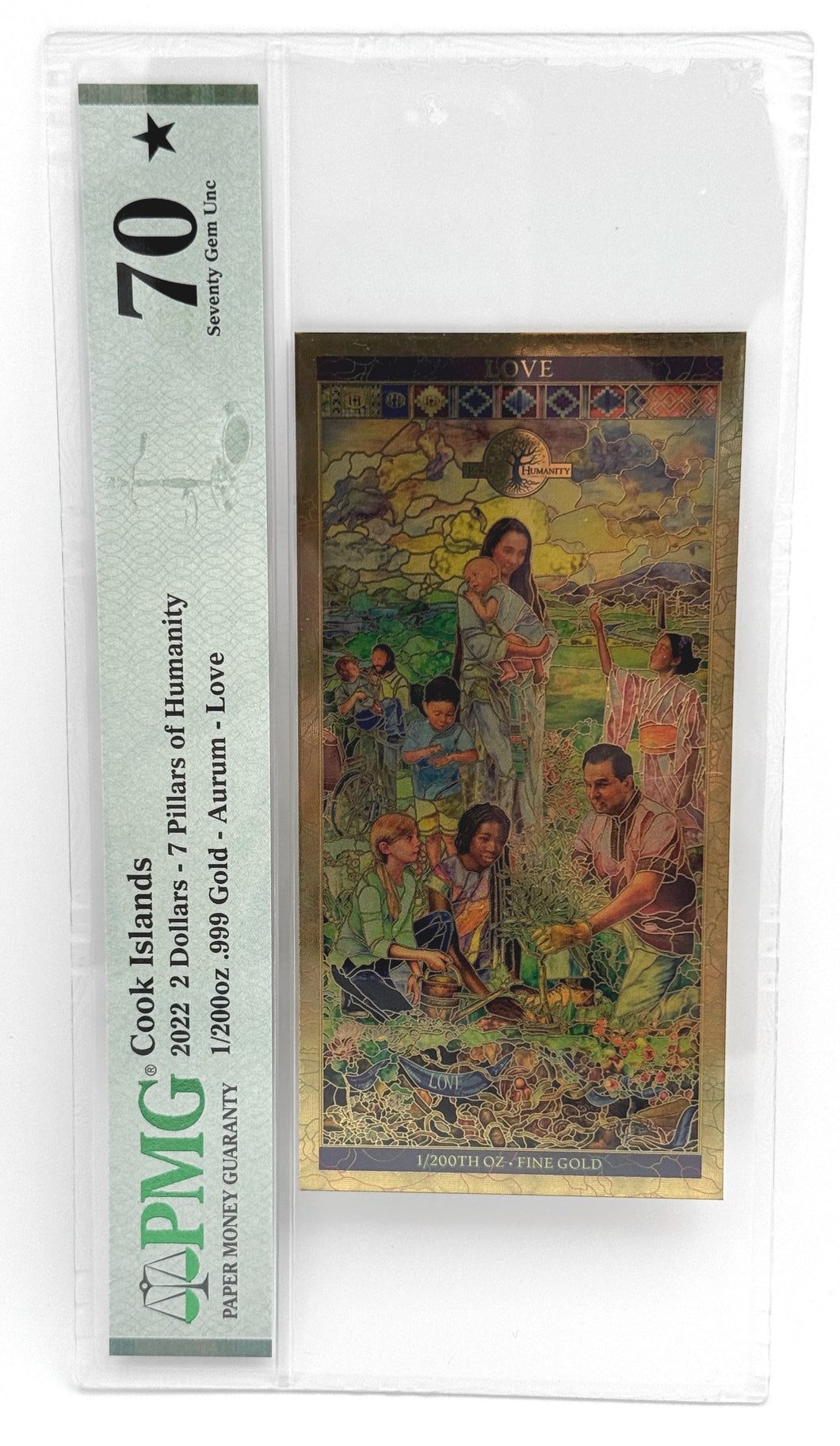 2022 Cook Islands LOVE Seven Pillars of Humanity Legal Tender 24K Gold Note PMG 70