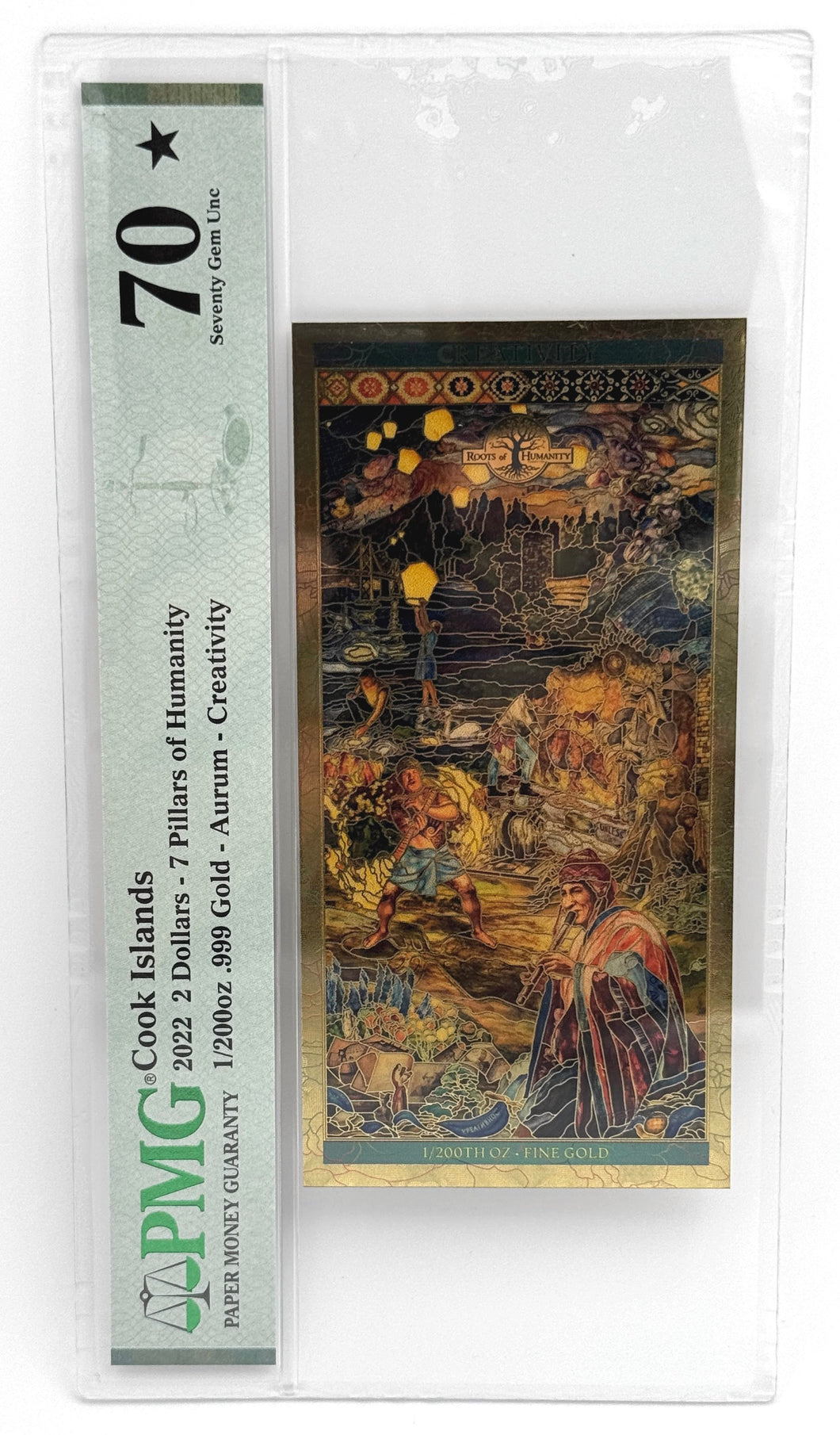 2022 Cook Islands CREATIVITY Seven Pillars of Humanity Legal Tender 24K Gold Note PMG 70