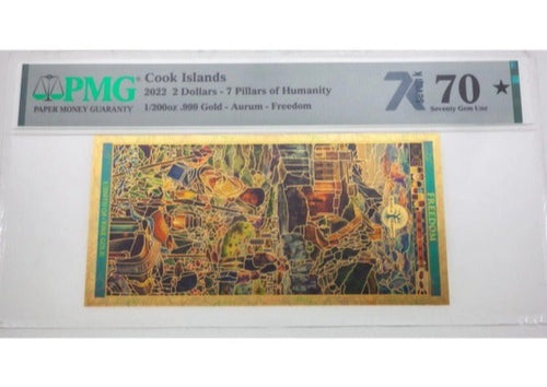 2022 Cook Islands FREEDOM Seven Pillars of Humanity Legal Tender 24K Gold Note - Graded PMG 70 - Zion Metals