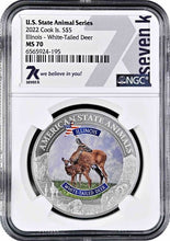Load image into Gallery viewer, 2022 COOK ISLANDS IllINOIS WHITE-TAILED DEER NGC MS70 AMERICAN STATE ANIMALS 1 OZ SILVER COIN - Zion Metals
