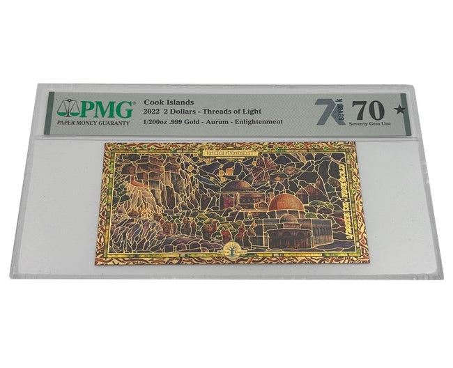 2022 Cook Islands ENLIGHTENMENT Threads of Light 24K Gold Note - Graded PMG 70 - Zion Metals