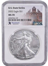 Load image into Gallery viewer, 2022 1 oz American Silver Eagle U.S. State Series Massachusetts NGC MS70 - Zion Metals

