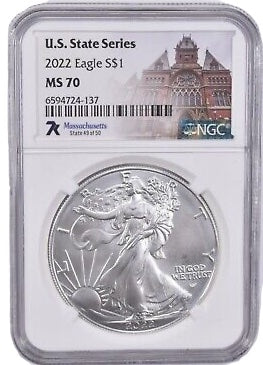 2022 1 oz American Silver Eagle U.S. State Series Massachusetts NGC MS70 - Zion Metals