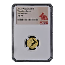 Load image into Gallery viewer, 2023 Australia 1/10oz Gold $15 Lunar Year of the Rabbit NGC MS70 Coin- Zion Metals
