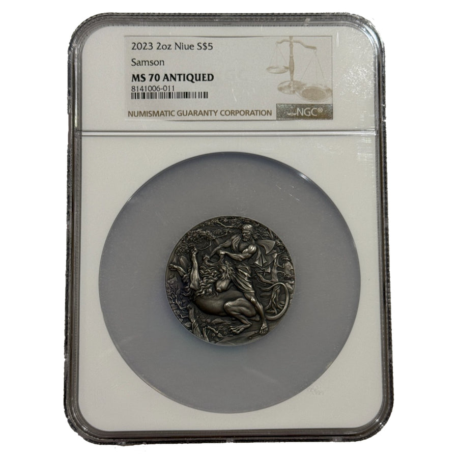 2023 Niue Samson 2oz Silver Antiqued Coin NGC MS70