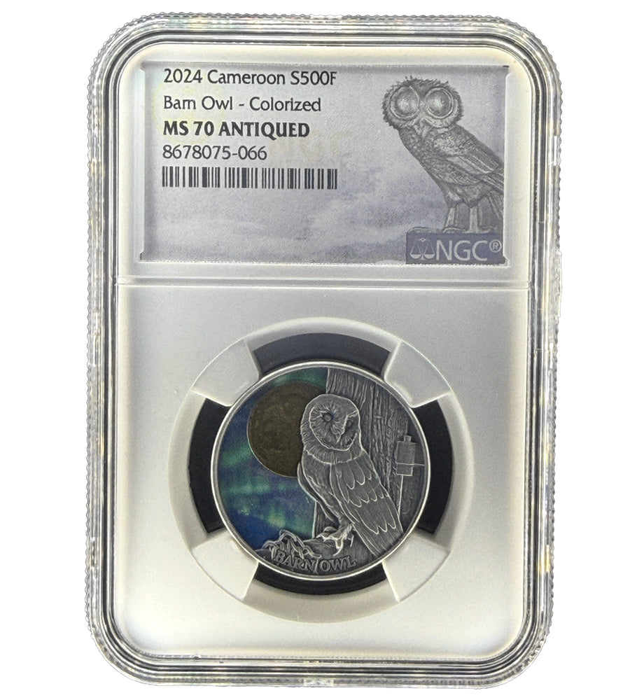 2024 Republic of Cameroon 1/2 oz Northern Lights Barn Owl Antique Silver Coin NGC MS70