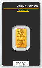 Load image into Gallery viewer, 5 Gram Argor-Heraeus Gold Bar (In Assay) - Zion Metals

