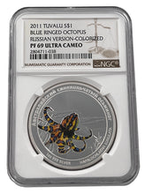 Load image into Gallery viewer, 2011 TUVALU BLUE RINGED OCTOPUS SILVER PROOF RUSSIAN VERSION COIN NGC PF69 - Zion Metals
