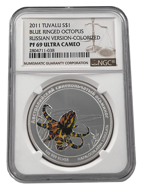 2011 TUVALU BLUE RINGED OCTOPUS SILVER PROOF RUSSIAN VERSION COIN NGC PF69 - Zion Metals