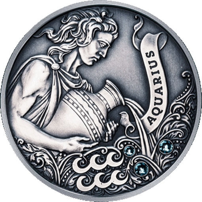 2013 Belarus Signs of the Zodiac Aquarius Antique finish Silver Coin | ZM | Zion Metals