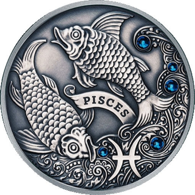 2013 Belarus Signs of the Zodiac Pisces Antique finish Silver Coin | ZM | Zion Metals
