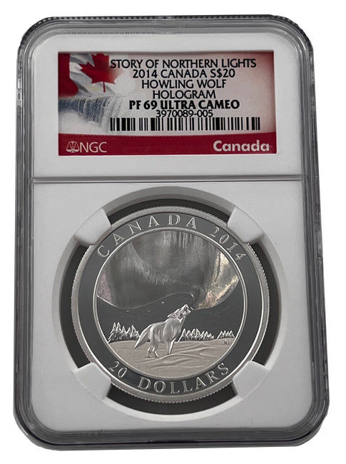 2014 Canadian 1 oz Silver Howling Wolf Hologram Coin NGC PF69 - Zion Metals