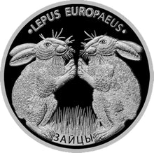 Load image into Gallery viewer, 2014 Belarus LEPUS EUROPAEUS HARES Rabbits Proof Finish Silver Coin | ZM | Zion Metals
