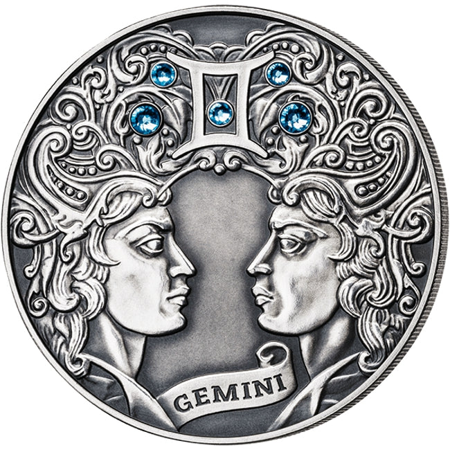 2014 Belarus Signs of the Zodiac Gemini Antique finish Silver Coin | ZM | Zion Metals